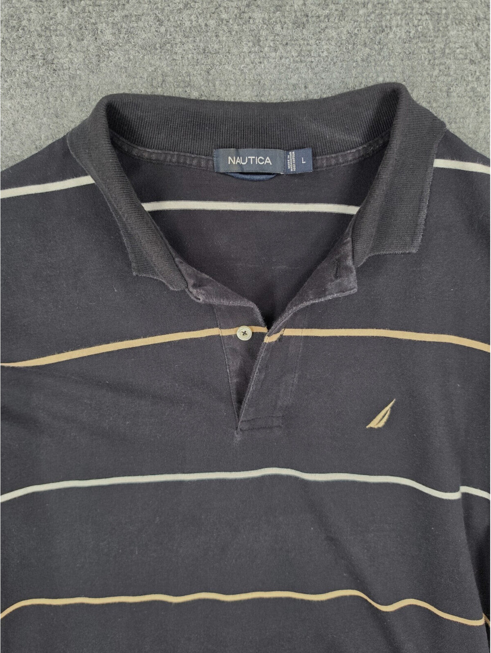 Nautica Polo Shirt Mens Large Black Gold Striped Short Sleeve Classic Logo